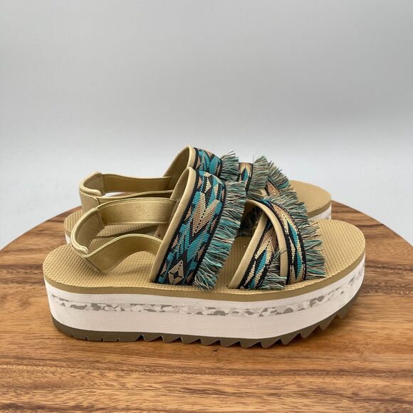 Teva Shoes - Teva Flatform Ceres Sandals Womens Size 8 Teal Blue Aztec Design Boho Fringe